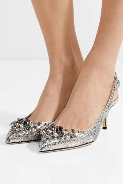 Shop Dolce & Gabbana Crystal-embellished Glittered Leather Slingback Pumps In Silver