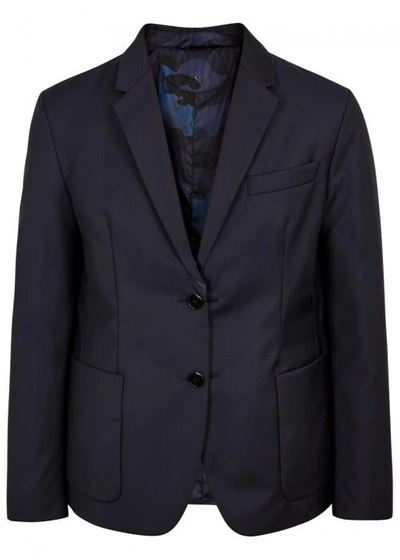 Shop Valentino Navy Reversible Wool Blend Blazer In Black