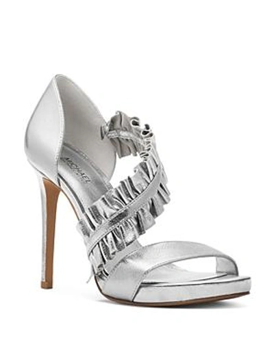 Shop Michael Michael Kors Women's Bella Ruffled Leather Platform High-heel Sandals In Silver