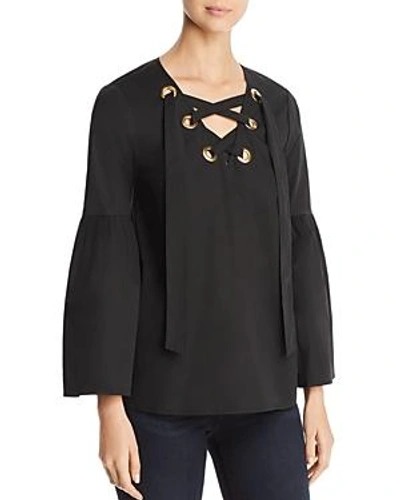 Shop Michael Michael Kors Poplin Lace-up Bell-sleeve Top In Black