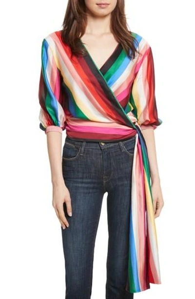Shop Alice And Olivia Dyanna Wrap Front Blouson Top In Rainbow Stripe