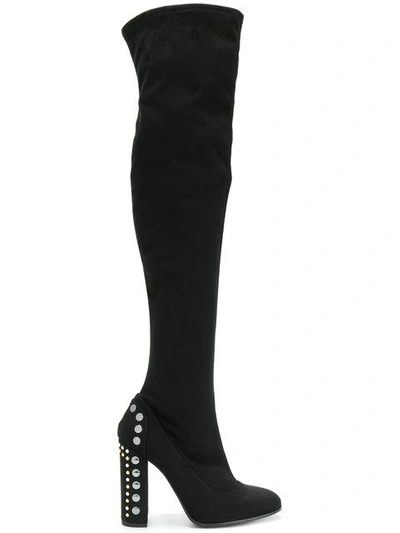 Shop Fabi Embellished Heel Thigh Boots In Black