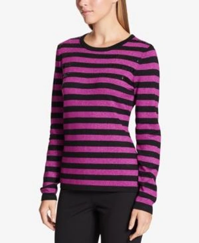 Shop Dkny Sequined Striped Sweater In Magenta/black