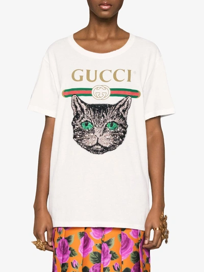 Shop Gucci Logo T-shirt With Mystic Cat