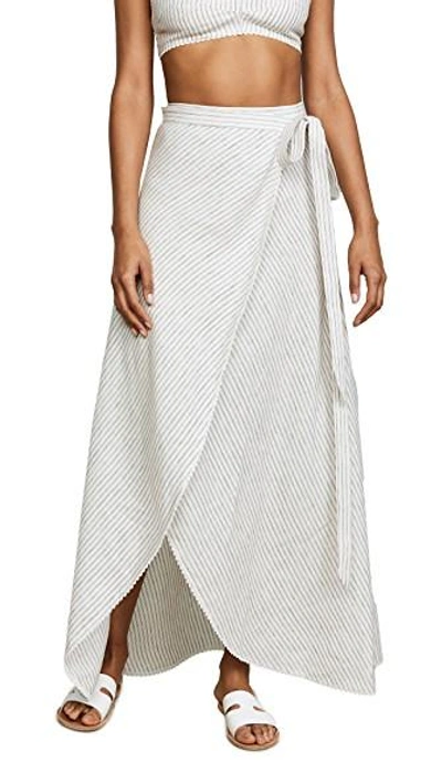 Miguelina Ballerina Crochet trimmed Striped Linen Wrap Maxi Skirt In Bleached Stripe ModeSens