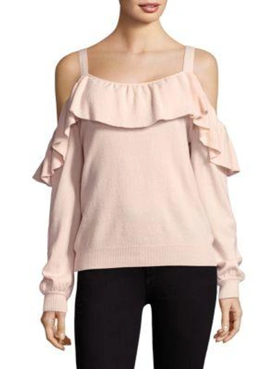 Shop Joie Delbin Ruffle Off-the-shoulder Cashmere Sweater In Dusty Pink Sand