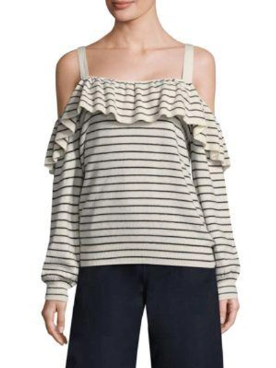 Shop Joie Delbin Striped Cold-shoulder Sweater In Porcelain Midnight