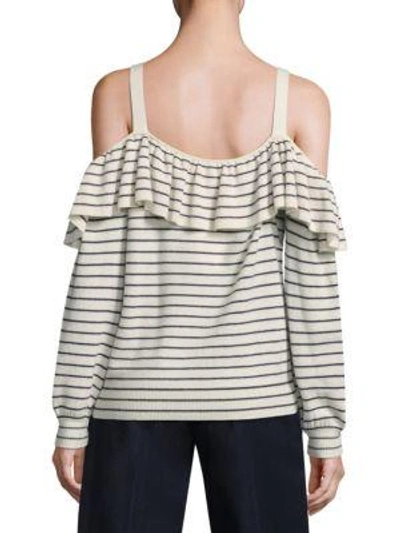 Shop Joie Delbin Striped Cold-shoulder Sweater In Porcelain Midnight