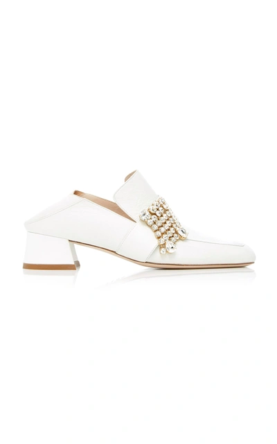 Shop Stuart Weitzman Leather And Crystal Irises Heeled Slipper Loafers In White