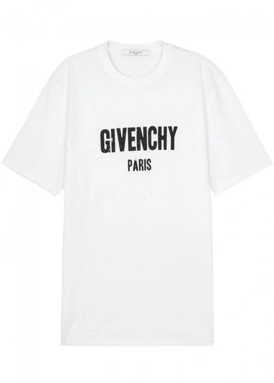 Shop Givenchy White Logo-print Distressed Cotton T-shirt