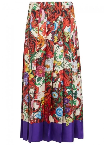 Shop Gucci Floral-print Silk Midi Skirt