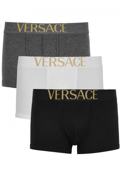 Shop Versace Apollo Stretch Cotton Boxer Briefs - Set Of Three In Black