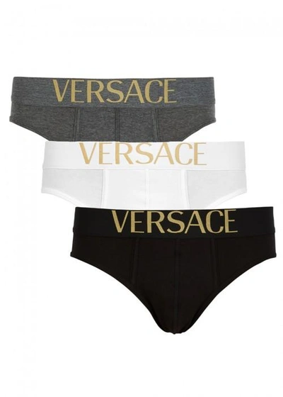 Shop Versace Apollo Stretch Cotton Briefs - Set Of Three In Black