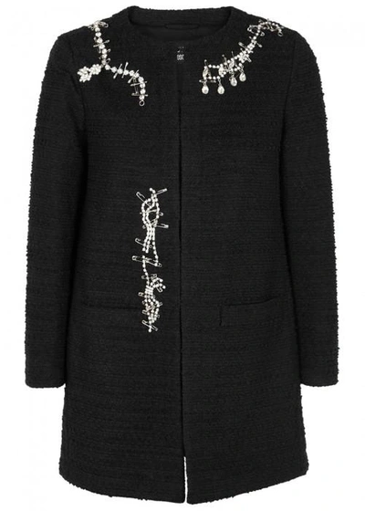 Shop Boutique Moschino Black Crystal-embellished Tweed Coat