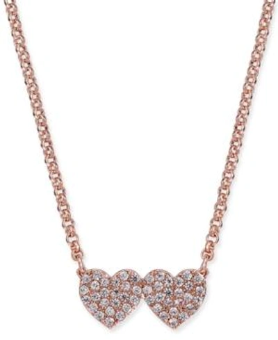 Shop Kate Spade Pave Double-heart Pendant Necklace In Clear/rose Gold