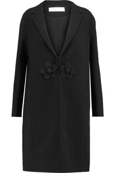 Shop Victoria Victoria Beckham Floral-appliquéd Wool-crepe Coat In Black