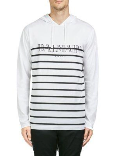 Shop Balmain Stripe Logo Hoodie In White
