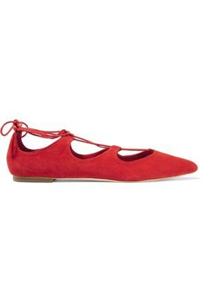 Shop Loeffler Randall Woman Ambra Lace-up Suede Point-toe Flats Red
