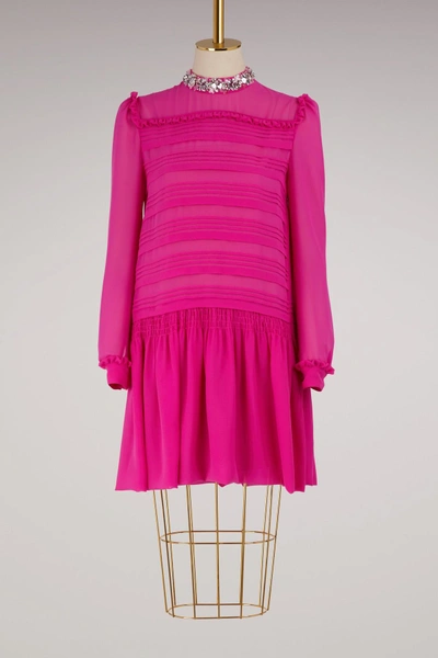 Shop Miu Miu Silk Dress With Embroidered Collar In Pink