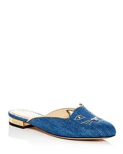 Shop Charlotte Olympia Women's Kitty Embroidered Denim Mules In Light Denim Blue