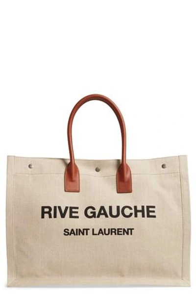 Saint Laurent Rive Gauche Tote Bag in Beige Linen and Cognac