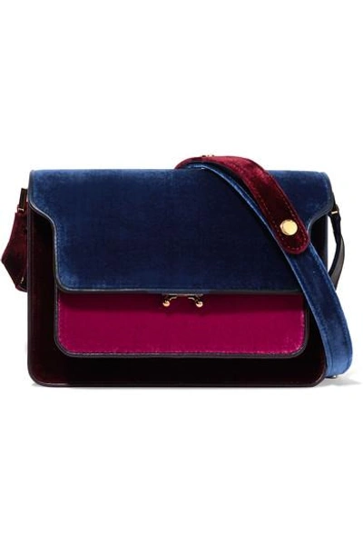 Shop Marni Trunk Medium Color-block Velvet And Leather Shoulder Bag In Blue