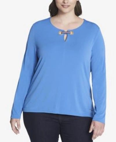 Shop Tommy Hilfiger Plus Size Embellished Top, Created For Macy's In Pacific