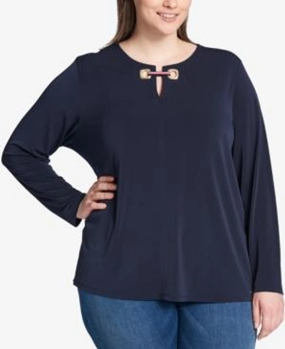 Shop Tommy Hilfiger Plus Size Embellished Top, Created For Macy's In Sky Captain