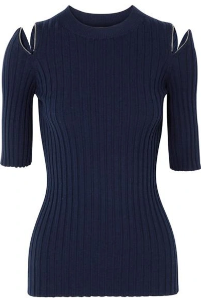 Shop Joseph Zip-detailed Ribbed Merino Wool-blend Sweater In Navy