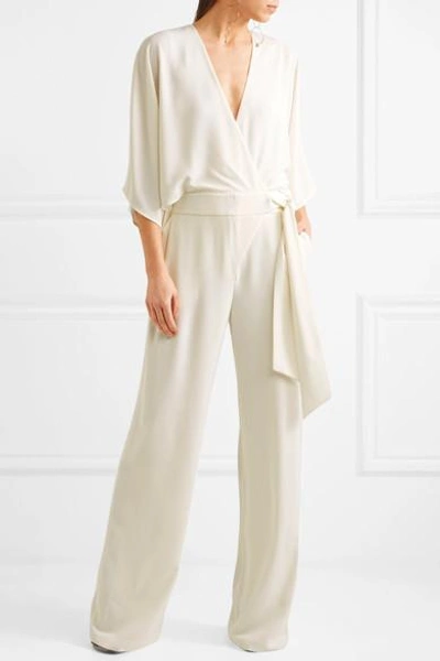 Shop Halston Heritage Flared Crepe Wrap Jumpsuit In Cream