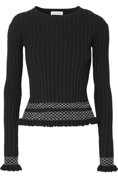 Shop Altuzarra Malou Embroidered Ribbed-knit Top In Black