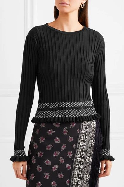Shop Altuzarra Malou Embroidered Ribbed-knit Top In Black
