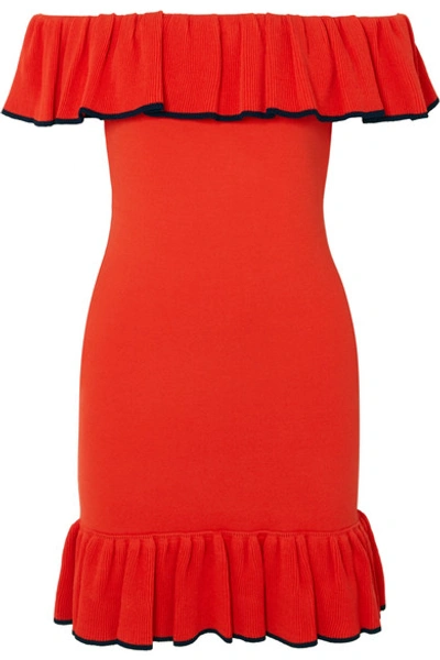 Shop Rebecca Vallance Capri Off-the-shoulder Ruffled Stretch-knit Mini Dress