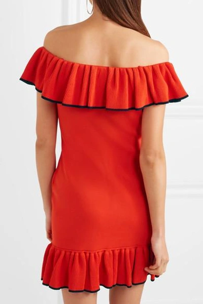 Shop Rebecca Vallance Capri Off-the-shoulder Ruffled Stretch-knit Mini Dress