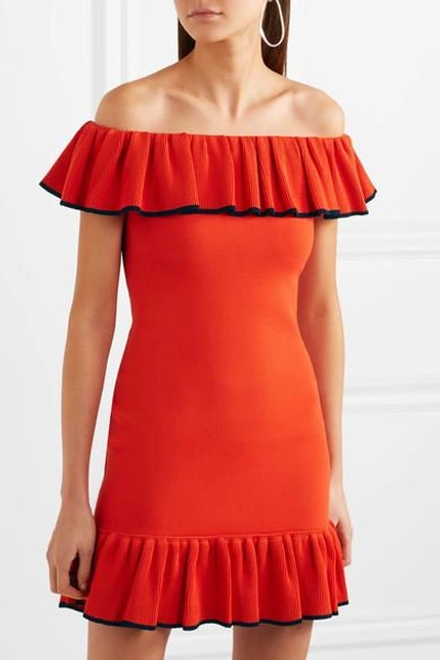 Shop Rebecca Vallance Capri Off-the-shoulder Ruffled Stretch-knit Mini Dress