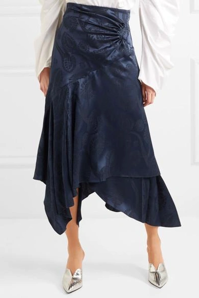 Shop Peter Pilotto Asymmetric Satin-jacquard Midi Skirt In Midnight Blue