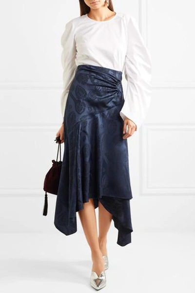 Shop Peter Pilotto Asymmetric Satin-jacquard Midi Skirt In Midnight Blue