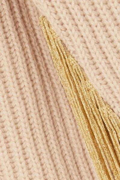 Shop Hillier Bartley Fringed Ribbed-knit Cashmere Turtleneck Sweater In Beige