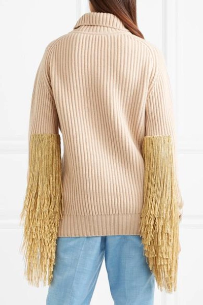 Shop Hillier Bartley Fringed Ribbed-knit Cashmere Turtleneck Sweater In Beige