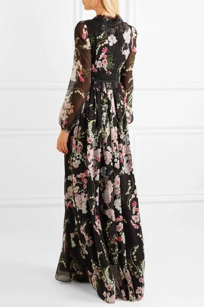 Shop Giambattista Valli Lace-trimmed Floral-print Silk-chiffon Maxi Dress In Black