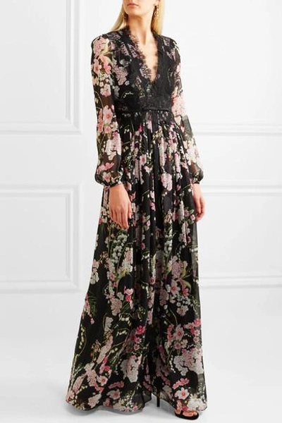 Shop Giambattista Valli Lace-trimmed Floral-print Silk-chiffon Maxi Dress In Black