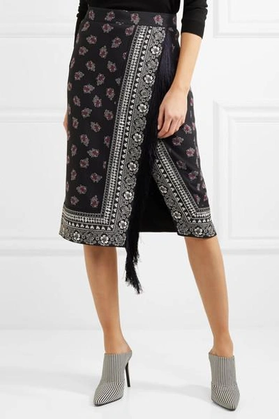 Shop Altuzarra Jude Fringed Wrap-effect Printed Crepe Skirt In Black