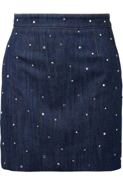 Shop Miu Miu Crystal-embellished Denim Mini Skirt In Mid Denim