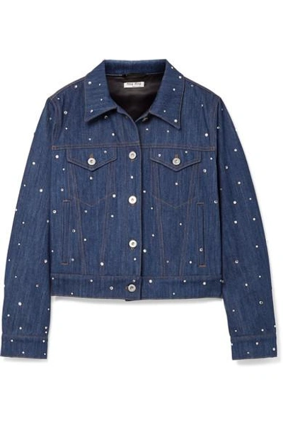 Shop Miu Miu Crystal-embellished Denim Jacket In Mid Denim