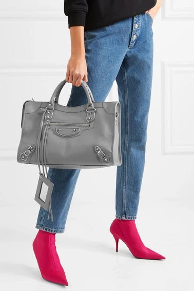 Shop Balenciaga Metallic Edge City Medium Textured-leather Tote In Gray