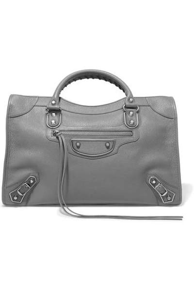 Shop Balenciaga Metallic Edge City Medium Textured-leather Tote In Gray