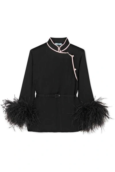 Shop Prada Feather-trimmed Silk-crepon Top In Black