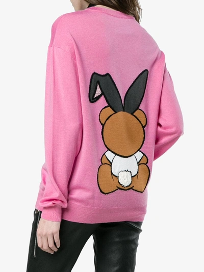 Shop Moschino Wool Crew Neck Sweater With Bear Logo In Pink&purple