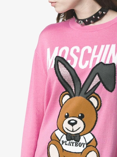 Shop Moschino Wool Crew Neck Sweater With Bear Logo In Pink&purple
