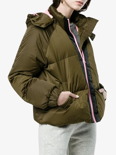 Shop Ganni Puffer Jacket With Hood And Contrasting Zip In Green